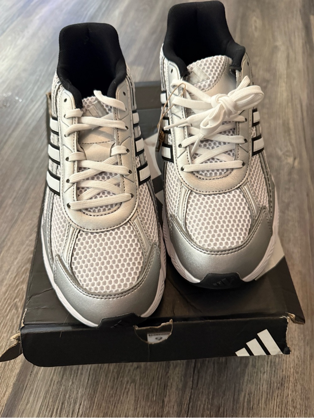 adidas White and Silver Mesh Athletic Sneakers